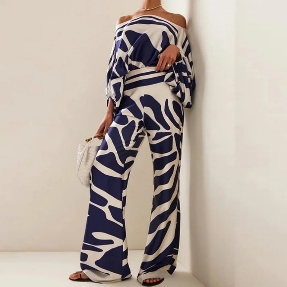 Tops - Satin Print Suit Fashion Hollow Off Shoulder Tops With Long Pants 2 Pieces Set